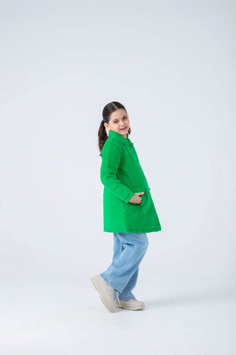 Girls Chic Green Felt Coat