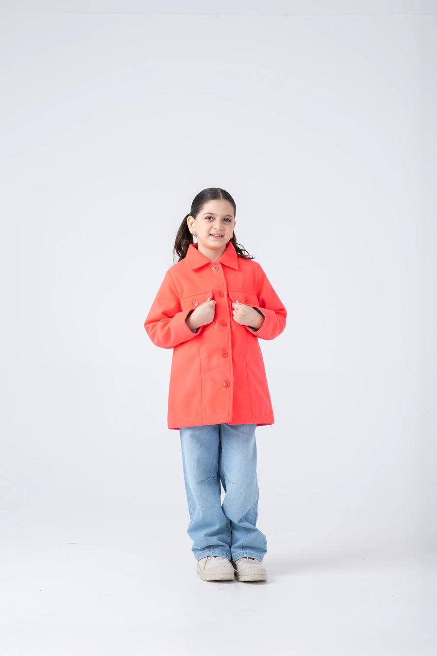 Girls Bold Coral Felt Coat