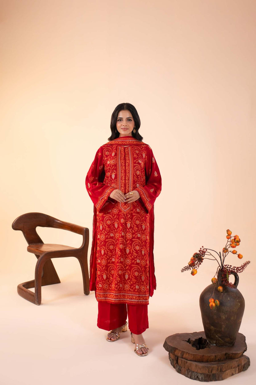 Embroidered Karandi 3 Piece Suit - Red (Unstitched)