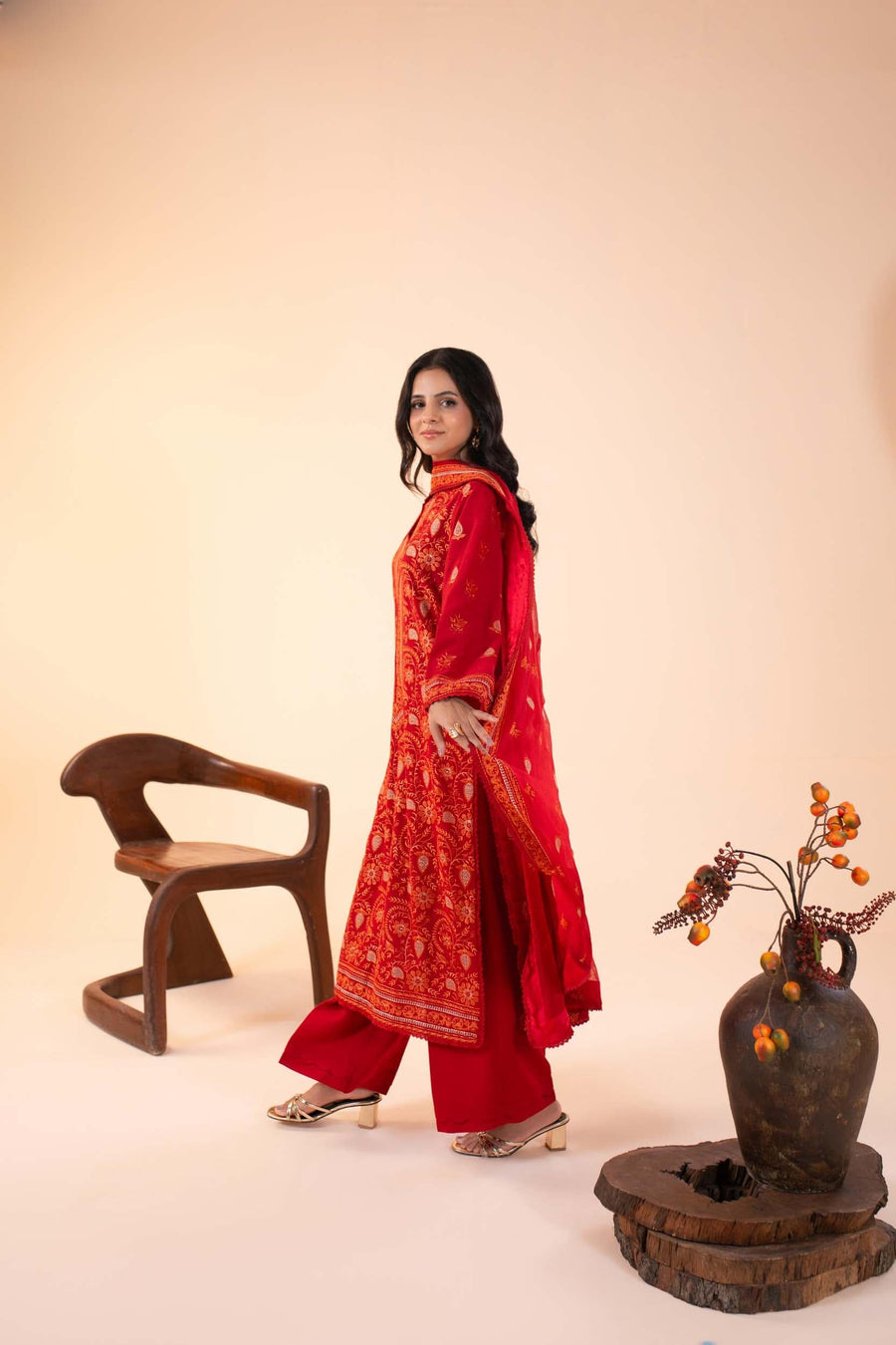 Embroidered Karandi 3 Piece Suit - Red (Unstitched)