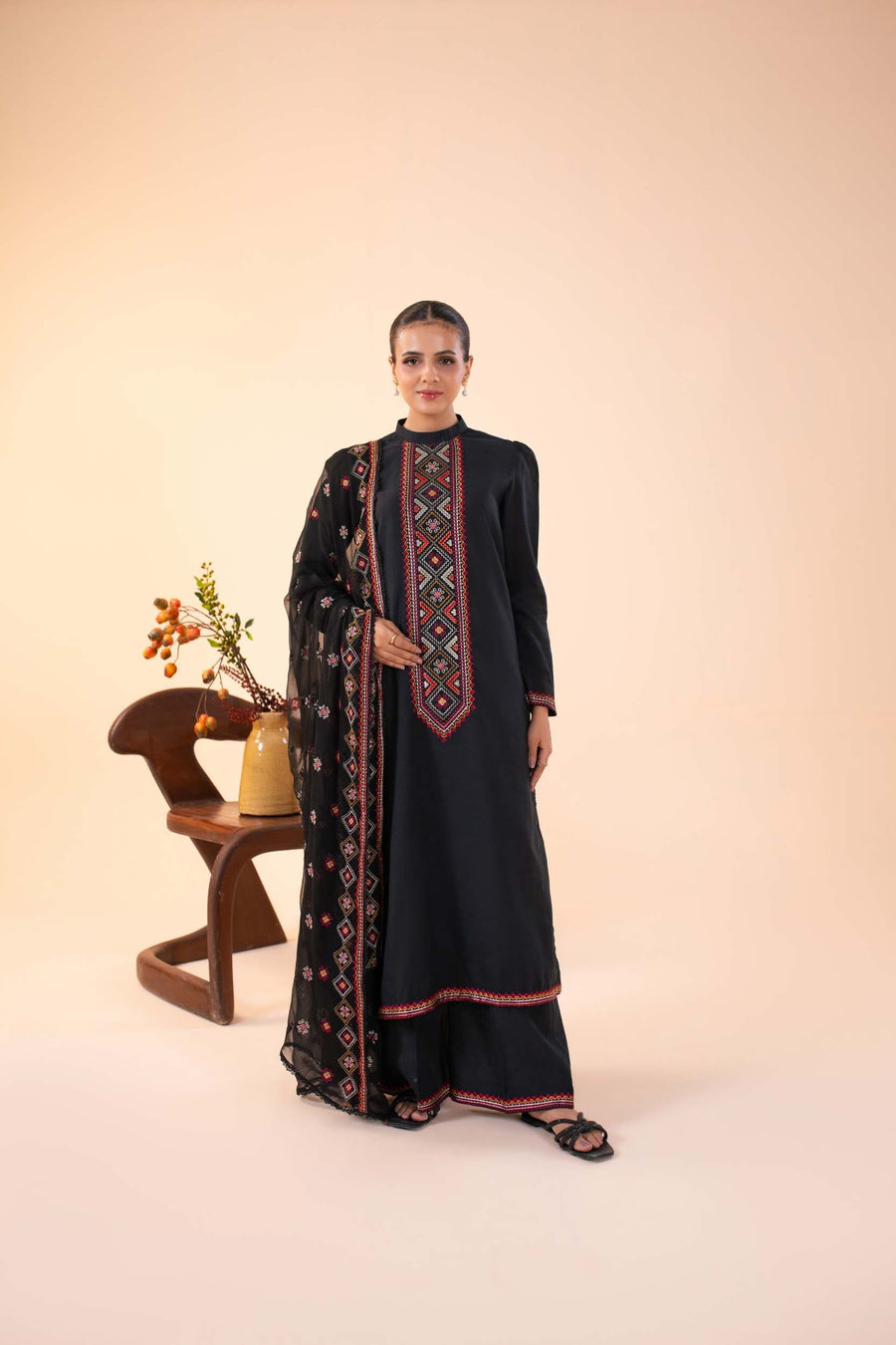Embroidered Karandi 3 Piece Suit - Black (Unstitched)