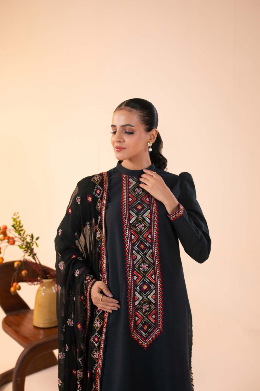 Embroidered Karandi 3 Piece Suit - Black (Unstitched)