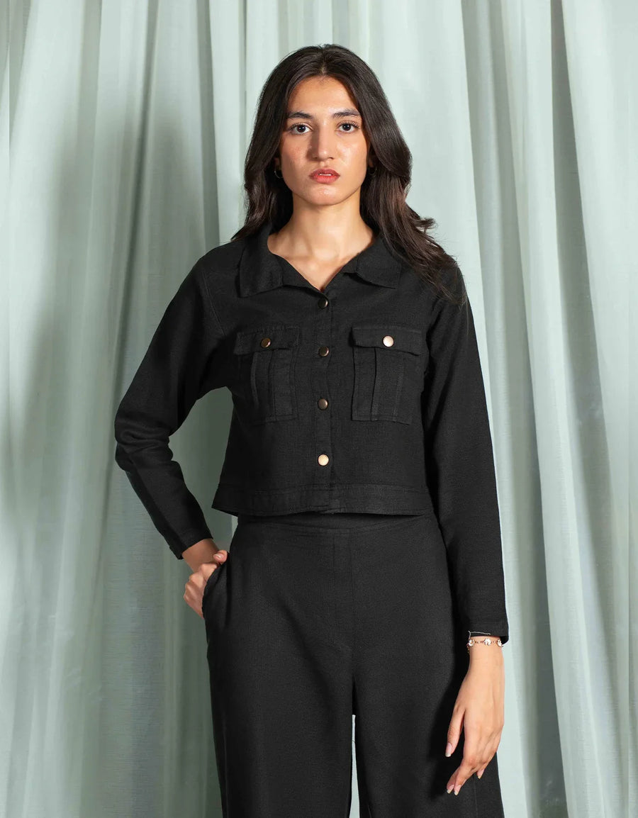 JACQUARD CROPPED SHIRT WITH FLAP POCKETS