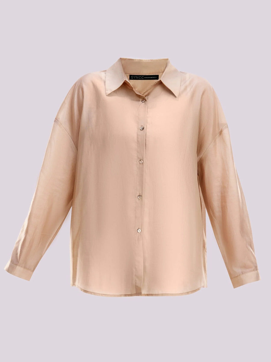 SYNCC BY J. - BEIGE OVERSIZED SHEER BUTTON-DOWN SHIRT