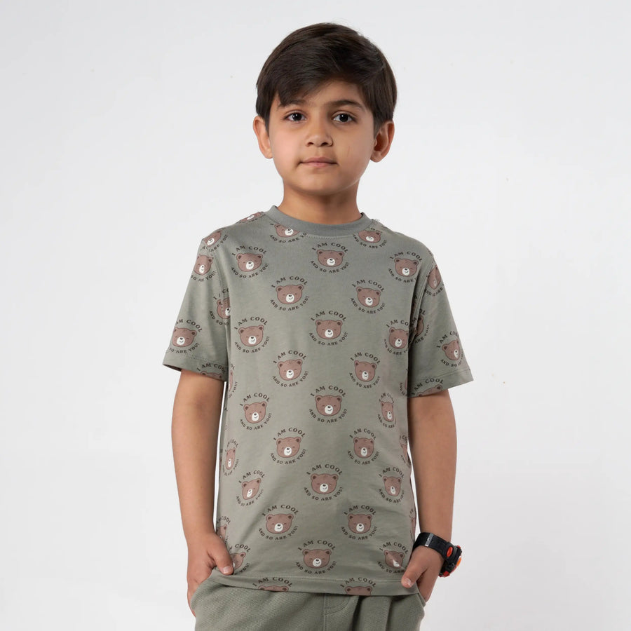 Boys Bear Printed Olive Tee