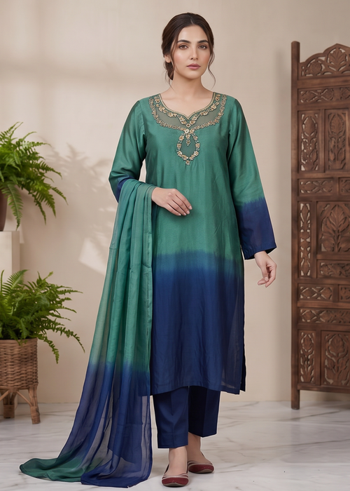 breeze - lawn 26 Pure silk Teal 3Pc suit SJ-203-S