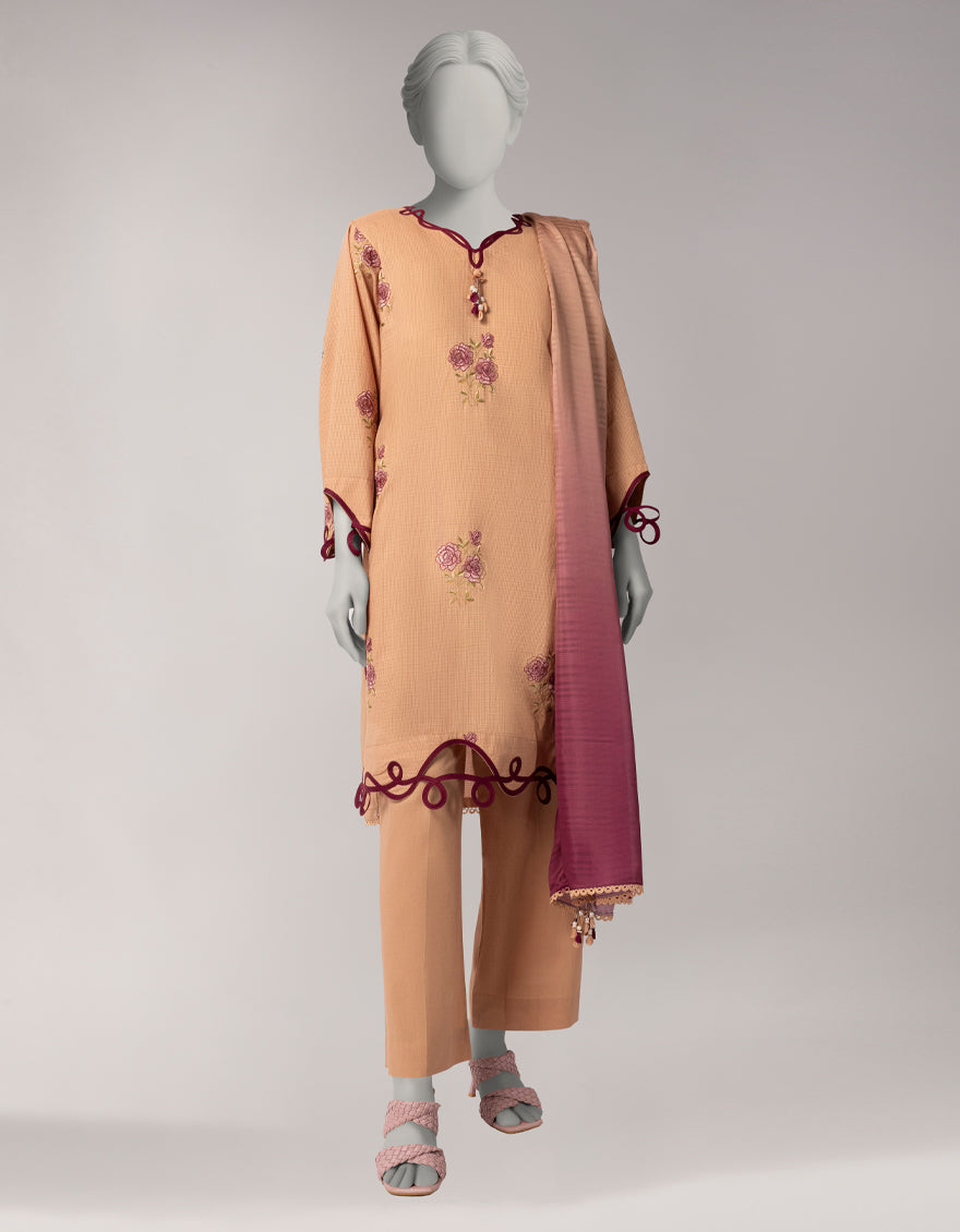 Brown Doria Embroidered Unstitched 3Pc