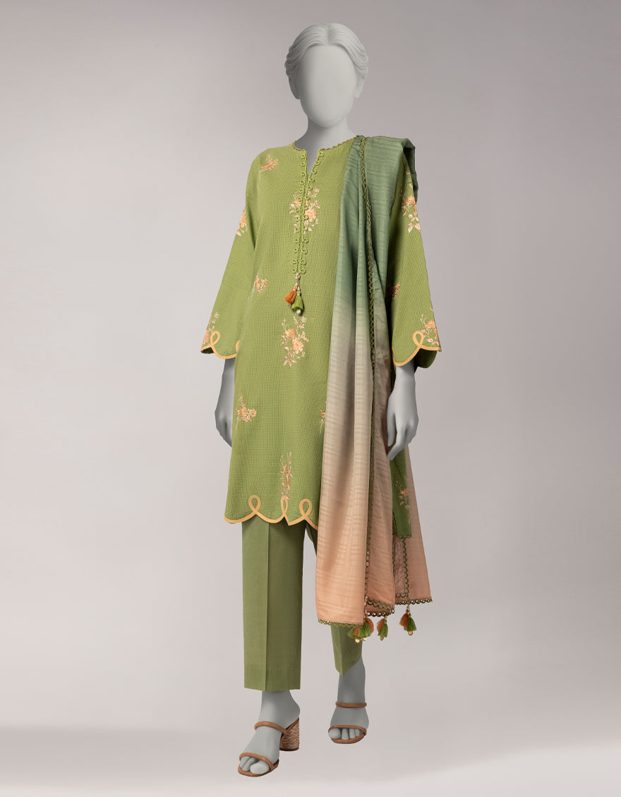 Green Doria Embroidered Unstitched 3Pc