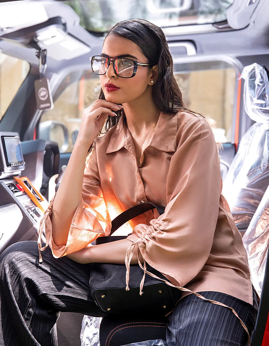 LINEN DRAWSTRING SLEEVE SHIRT