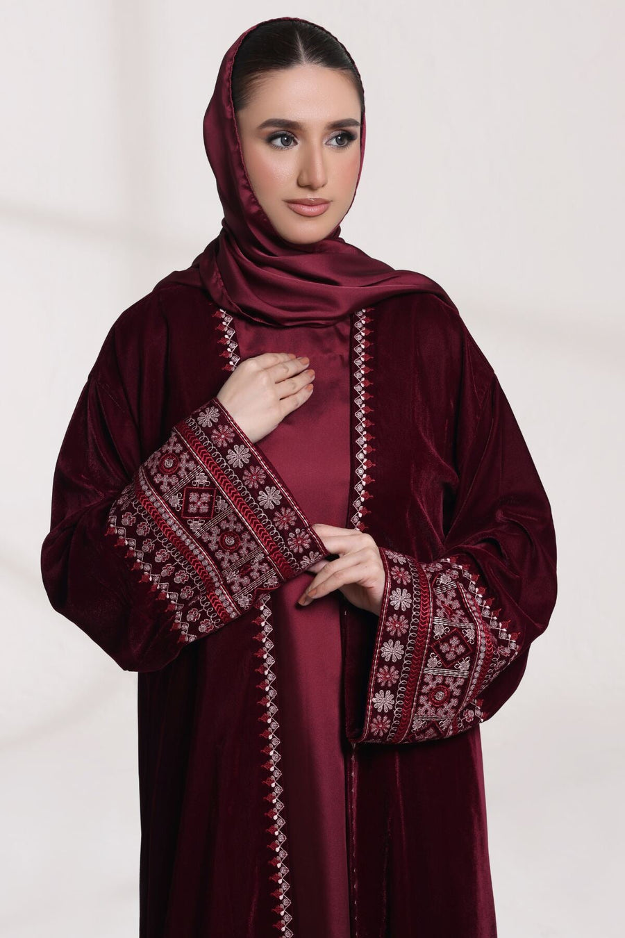 3 Piece - Maroon Velvet Abaya