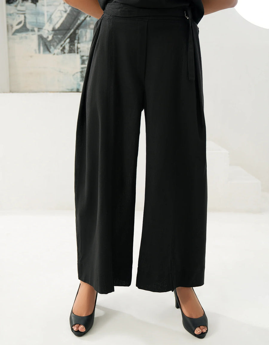 LINEN BUCKLED TROUSER WITH PANEL