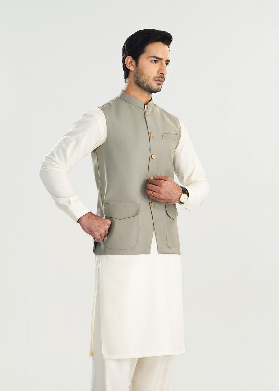 Bosky White Kurta Shalwar with Sand Grey Suiting Waistcoat - Straight Cut - Men