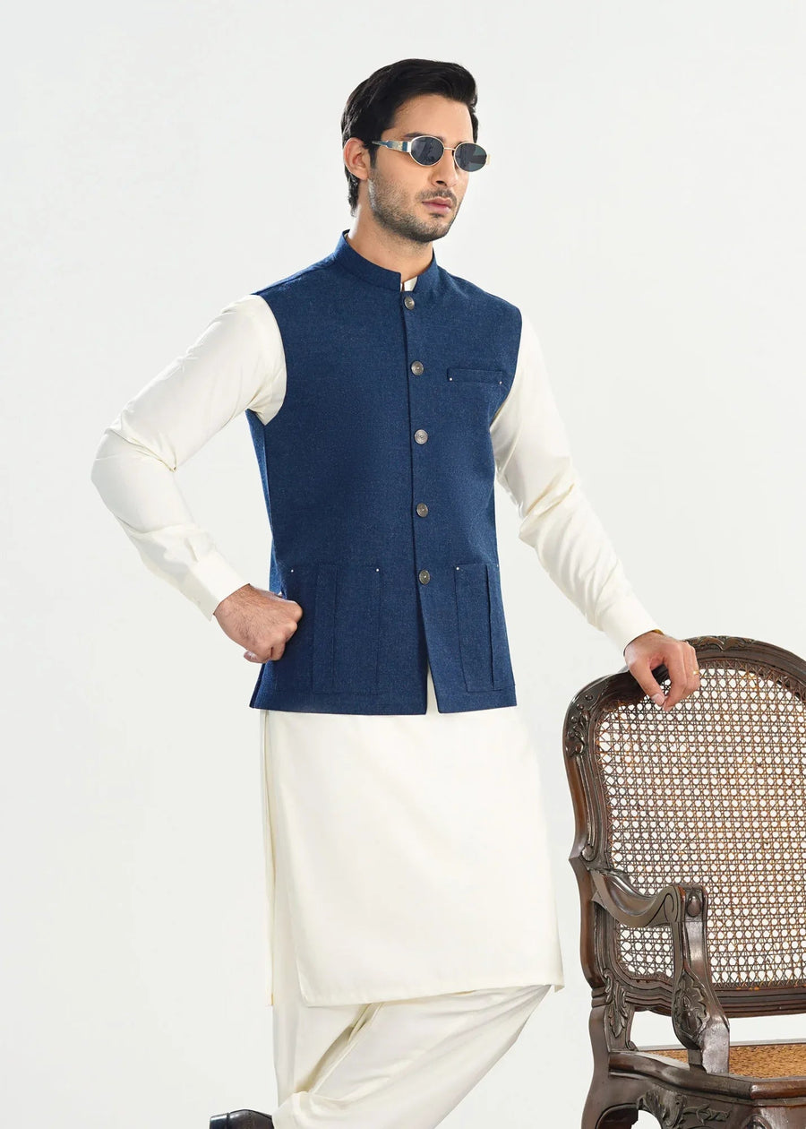 Bosky White Kurta Shalwar with Midnight Blue Textured Blended Waistcoat - Straight Cut - Men