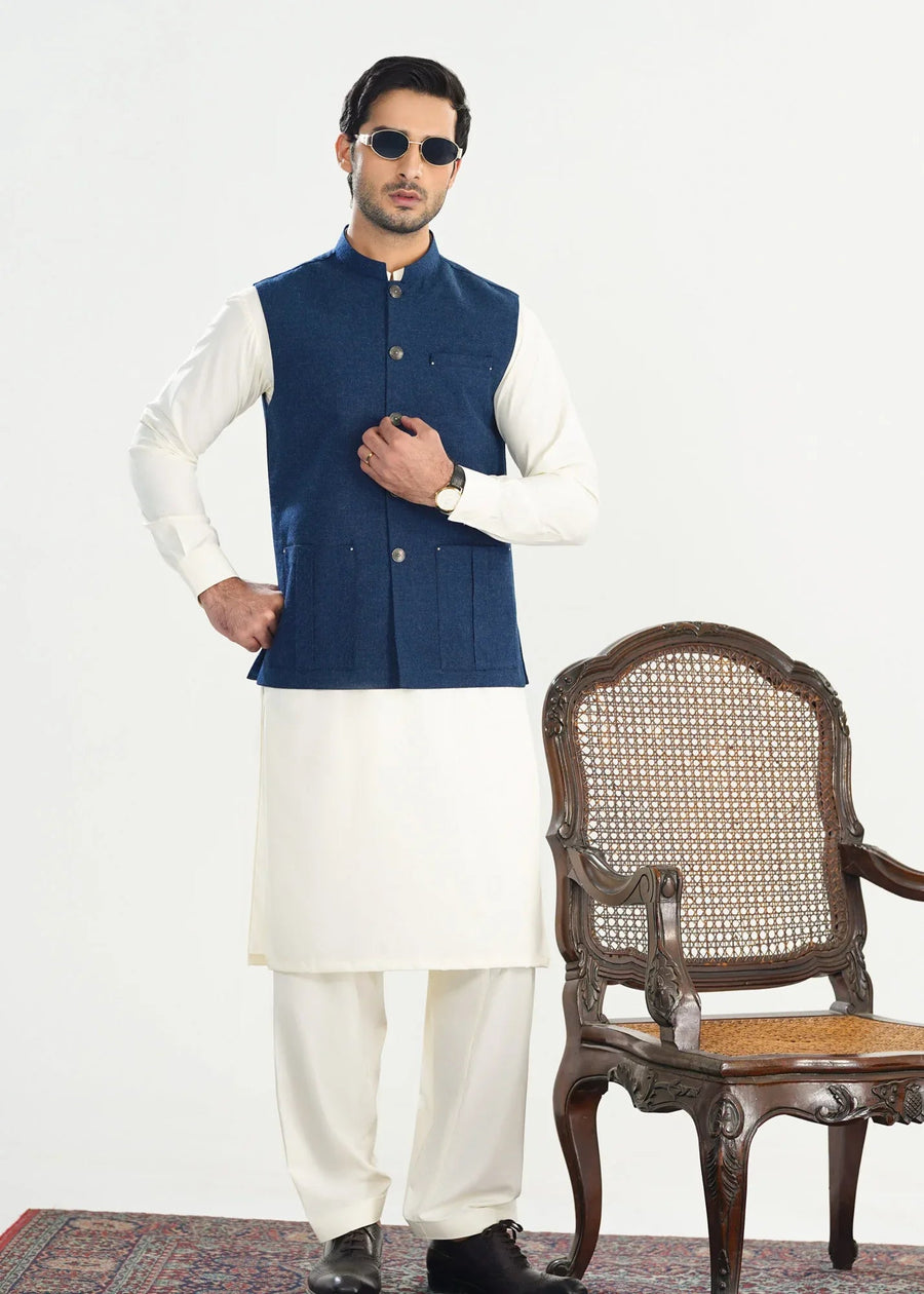 Bosky White Kurta Shalwar with Midnight Blue Textured Blended Waistcoat - Straight Cut - Men
