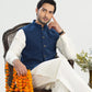 Bosky White Kurta Shalwar with Midnight Blue Textured Blended Waistcoat - Straight Cut - Men