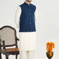 Bosky White Kurta Shalwar with Midnight Blue Textured Blended Waistcoat - Straight Cut - Men