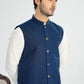 Midnight Blue Textured Blended Waistcoat - Straigth Cut - Men