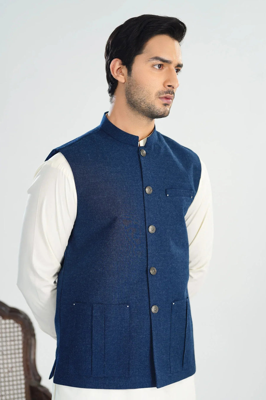 Midnight Blue Textured Blended Waistcoat - Straigth Cut - Men