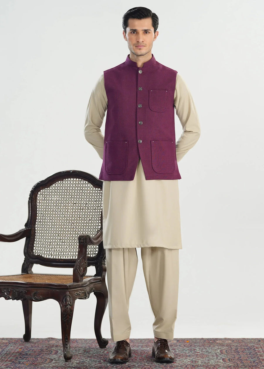 Plum Handloomed Khaddar Waistcoat - A-Line Cut - Men