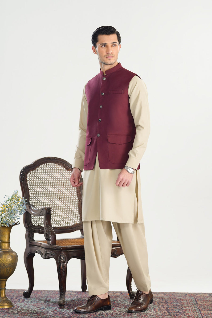 Burgundy Suiting Waistcoat - A-Line Cut - Men