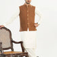 Bosky White Kurta Shalwar with Camel Khaddar Waistcoat - A-Line Cut - Men