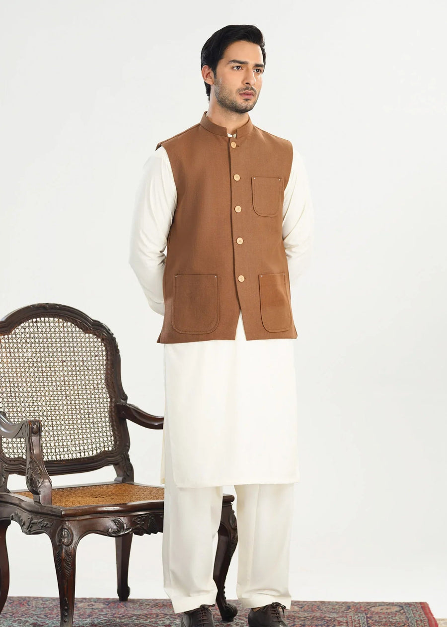 Bosky White Kurta Shalwar with Camel Khaddar Waistcoat - A-Line Cut - Men