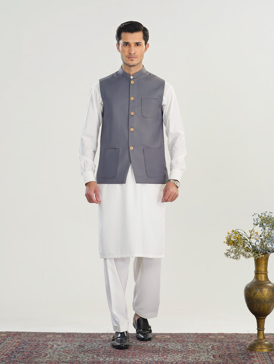 Bluish Grey Suiting Waistcoat - A Line Cut - Men