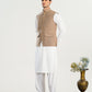 Off White Kurta Shalwar with Beige Khaddar Waistcoat - A-Line Cut - Men