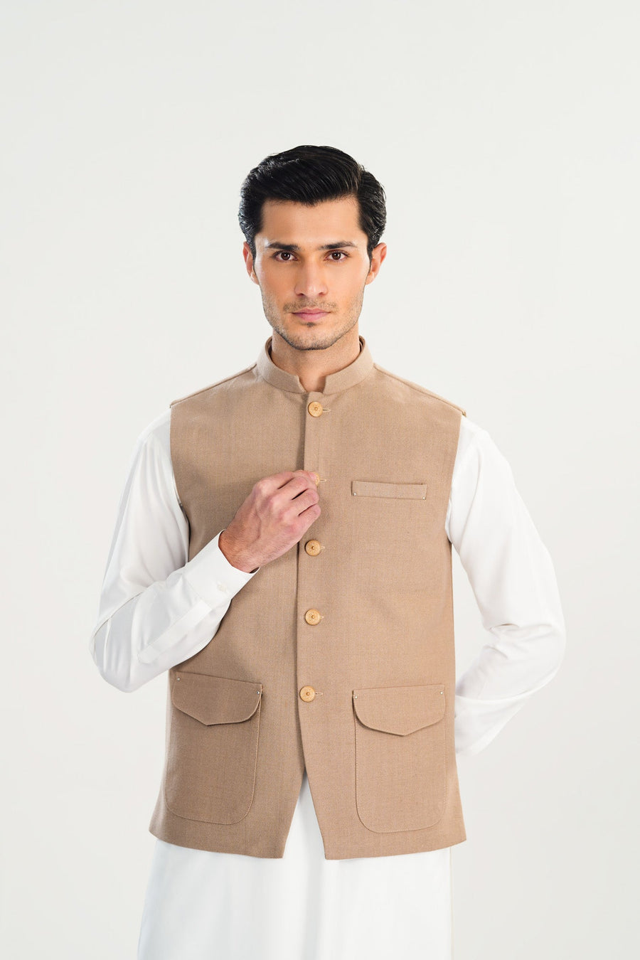 Off White Kurta Shalwar with Beige Khaddar Waistcoat - A-Line Cut - Men
