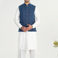 Off White Kurta Shalwar with Navy Blue Khaddar Waistcoat - A-Line Cut - Men