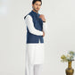 Off White Kurta Shalwar with Navy Blue Khaddar Waistcoat - A-Line Cut - Men