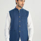 Off White Kurta Shalwar with Navy Blue Khaddar Waistcoat - A-Line Cut - Men