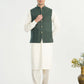 Bosky White Kurta Shalwar with Army Green Textured Blended Waistcoat - A-Line Cut - Men