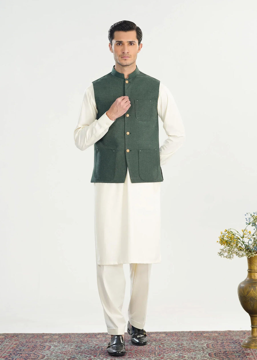 Bosky White Kurta Shalwar with Army Green Textured Blended Waistcoat - A-Line Cut - Men