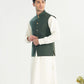 Bosky White Kurta Shalwar with Army Green Textured Blended Waistcoat - A-Line Cut - Men