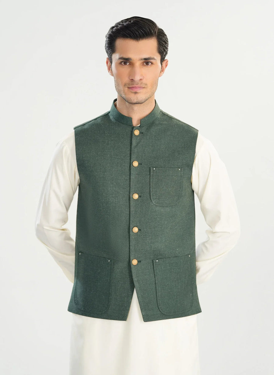 Army Green Textured Blended Waistcoat - A-Line Cut - Men