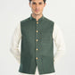 Bosky White Kurta Shalwar with Army Green Textured Blended Waistcoat - A-Line Cut - Men