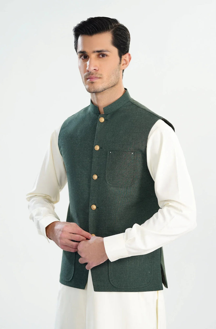 Army Green Textured Blended Waistcoat - A-Line Cut - Men