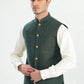 Bosky White Kurta Shalwar with Army Green Textured Blended Waistcoat - A-Line Cut - Men