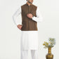 Off White Kurta Shalwar with Olive Brown Khaddar Waistcoat - Straight Cut - Men