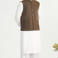 Off White Kurta Shalwar with Olive Brown Khaddar Waistcoat - Straight Cut - Men