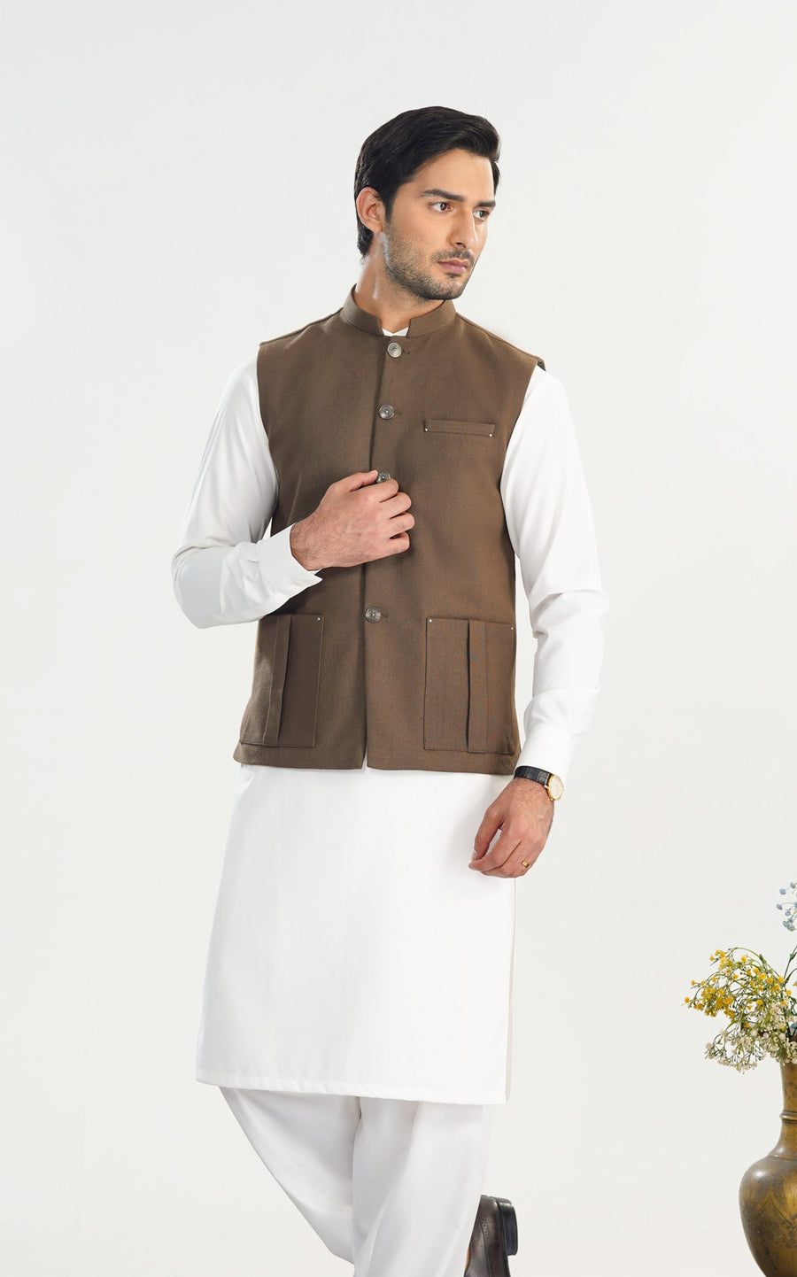 Off White Kurta Shalwar with Olive Brown Khaddar Waistcoat - Straight Cut - Men