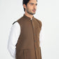 Off White Kurta Shalwar with Olive Brown Khaddar Waistcoat - Straight Cut - Men