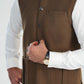 Off White Kurta Shalwar with Olive Brown Khaddar Waistcoat - Straight Cut - Men
