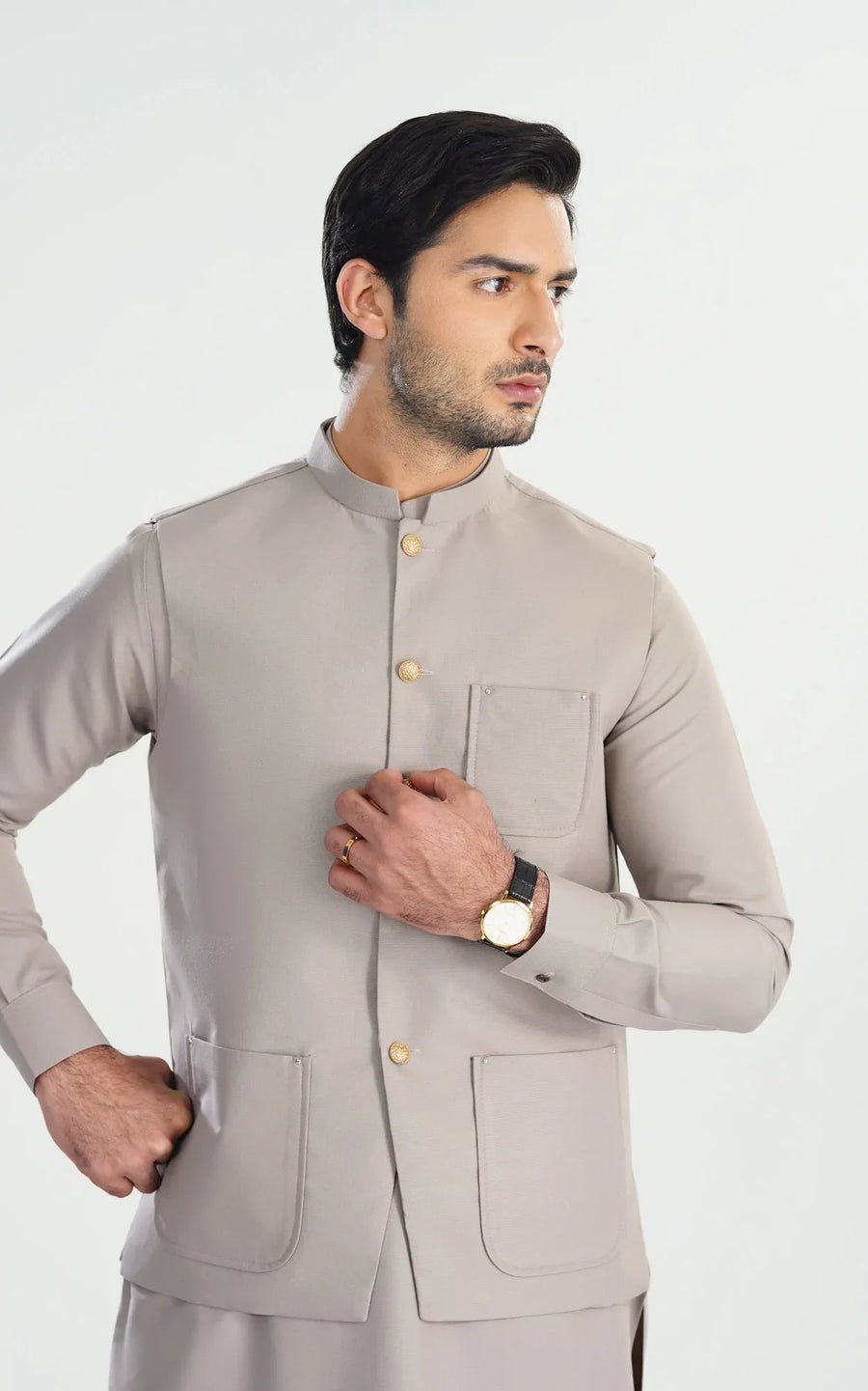 Dull Nude Kameez Shalwar with Blended Waistcoat - A-Line Cut - Men