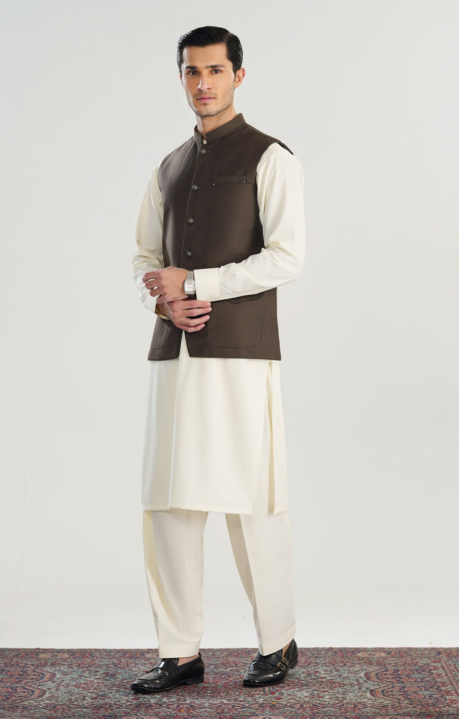 Bosky White Kurta Shalwar with Taupe Suiting Waistcoat - Straight Cut - Men