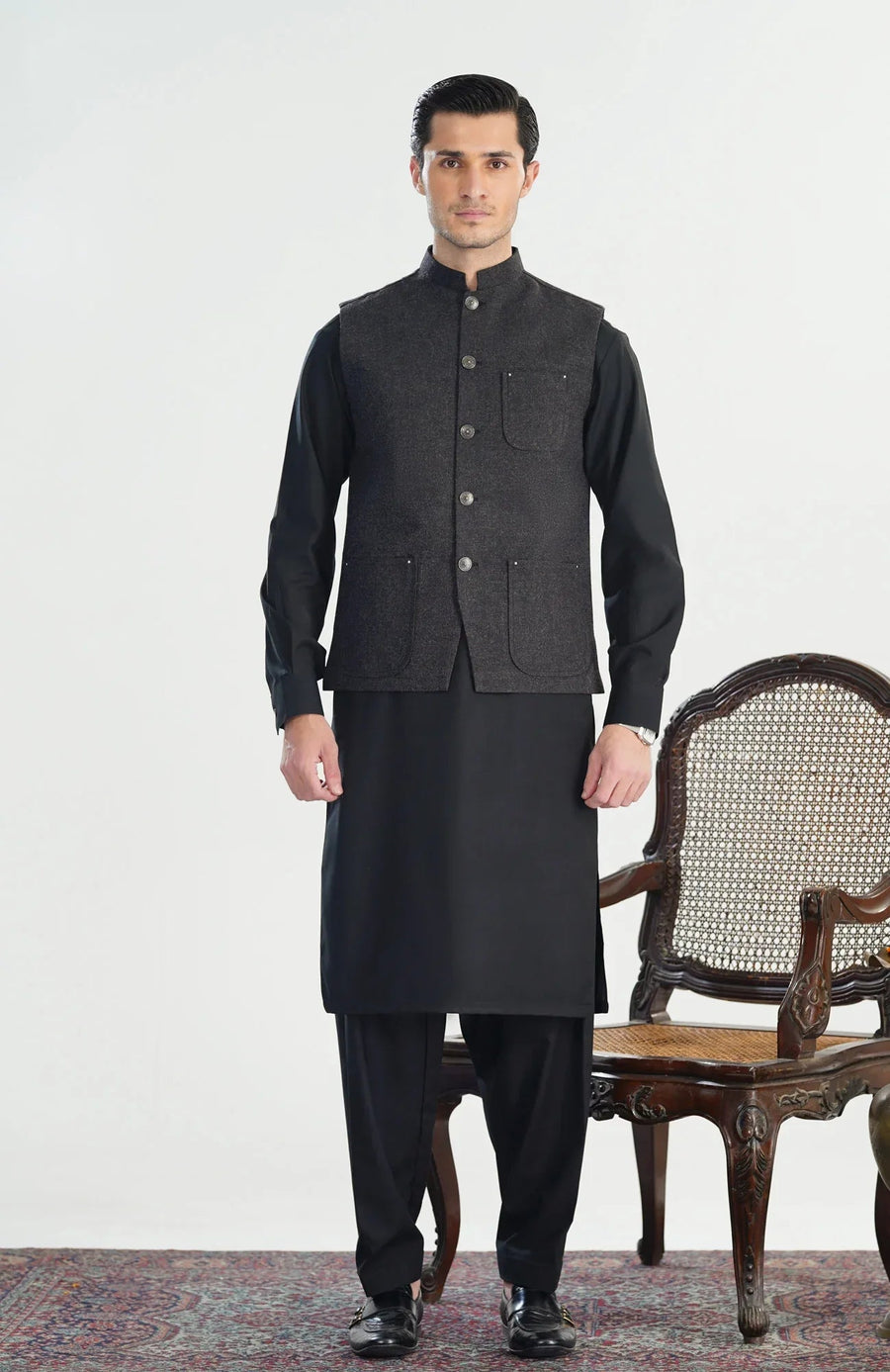 Black Kurta Shalwar with Textured Blended Waistcoat - A-Line Cut - Men