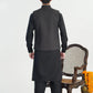 Black Kurta Shalwar with Textured Blended Waistcoat - A-Line Cut - Men