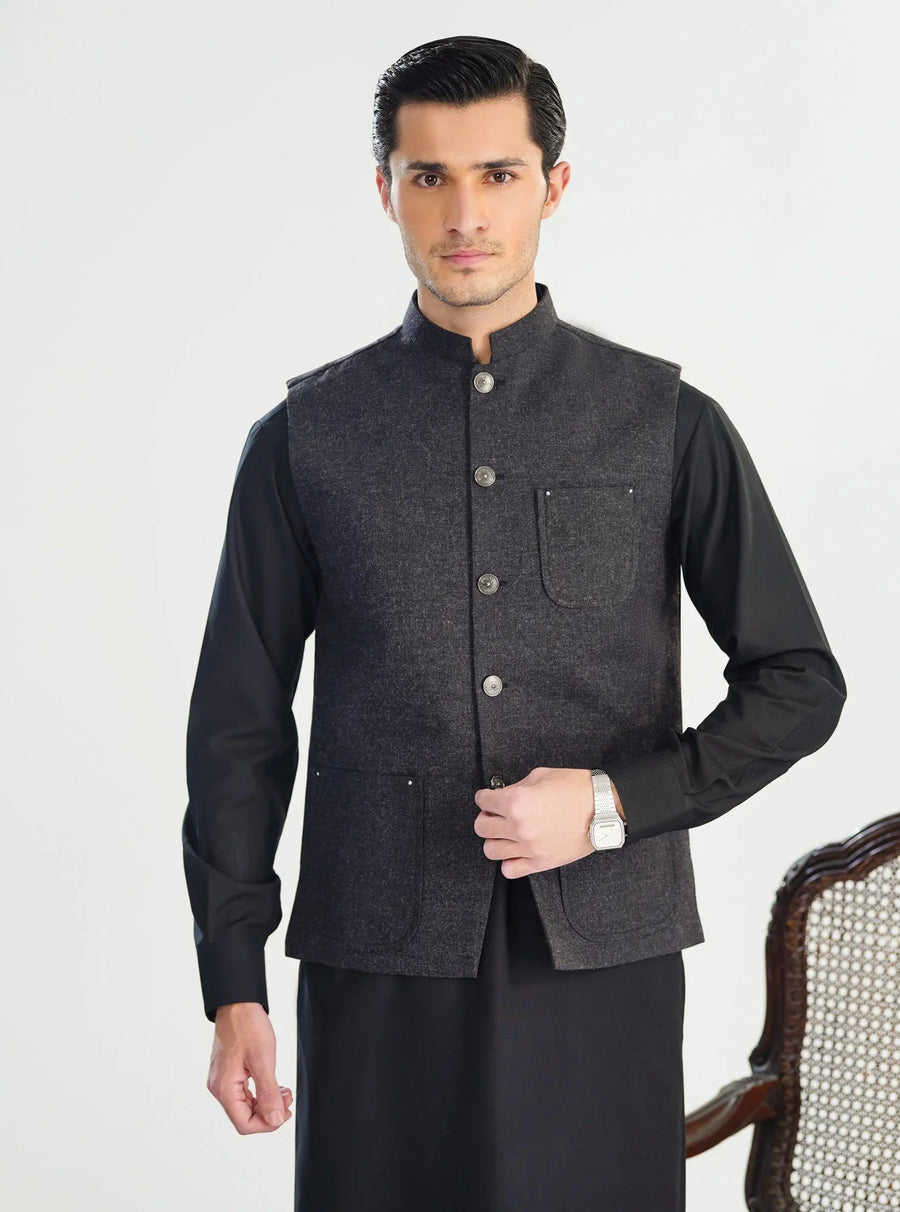 Black Kurta Shalwar with Textured Blended Waistcoat - A-Line Cut - Men