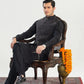 Black Kurta Shalwar with Textured Blended Waistcoat - A-Line Cut - Men